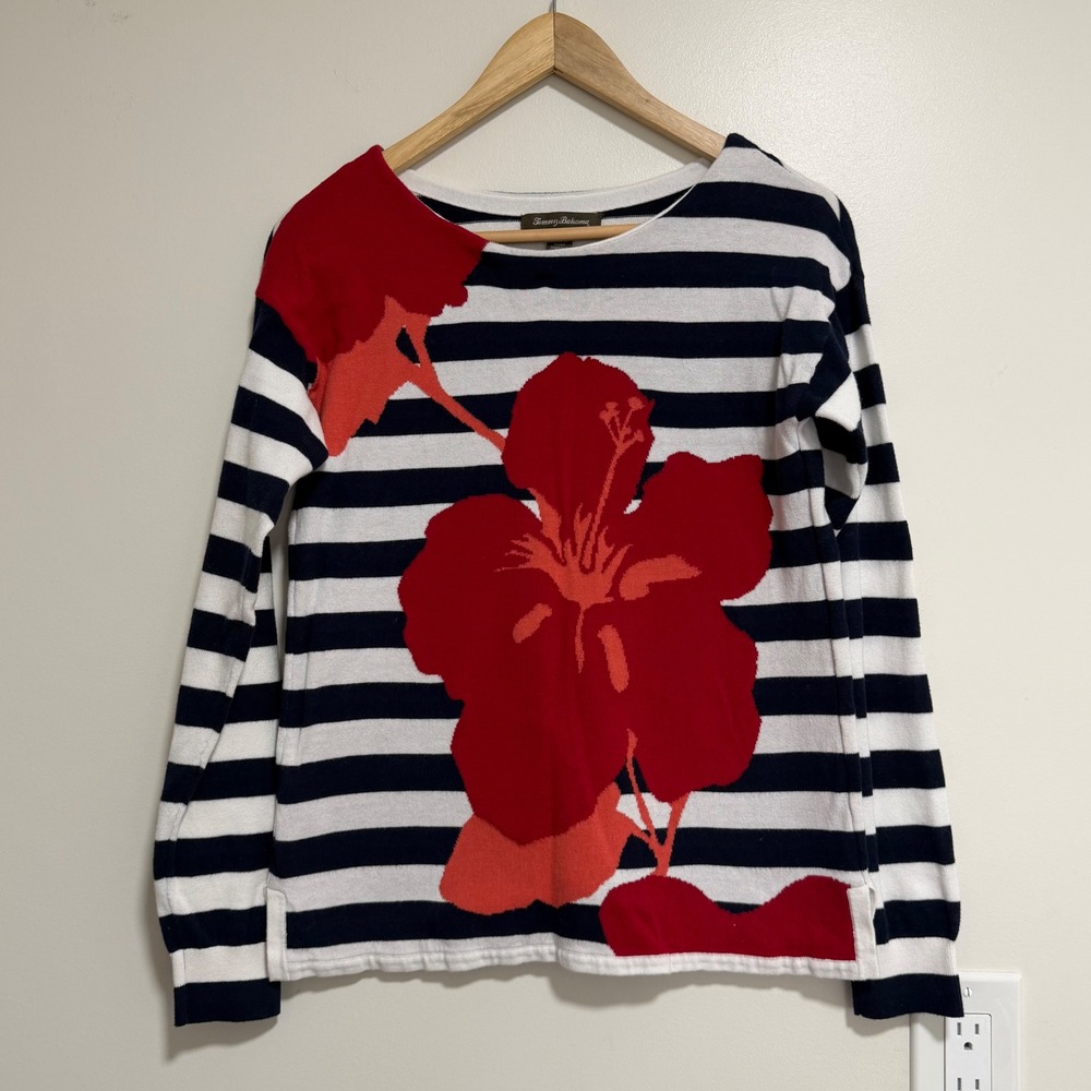 Tommy Bahama Hibiscus Floral Striped Sweater Womens S Navy Blue White Nautical